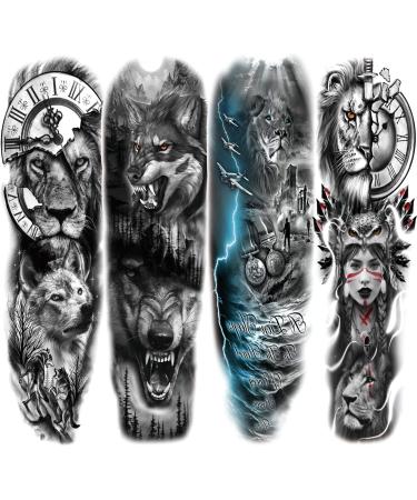 Briyhose Lion Wolf Temporary Tattoo Sleeve  Large Full Arm Animal Tribal Fake Tattoos Sleeve For Men Women Adult  Long Lasting Black Arm Temp Tatoo Sticker Leg Body Art Makeup  4-Sheet