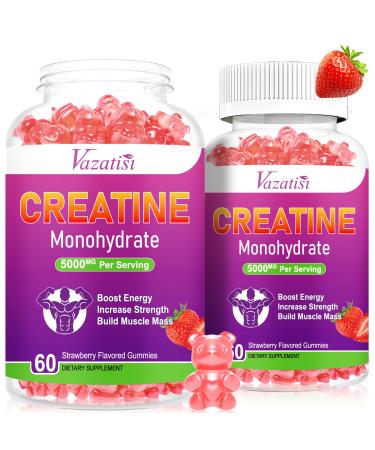 2 Pack Creatine Monohydrate Gummies 5g for Women & Men Sugar Free Vegan Creatine Supplement for Build Muscles Increase Energy & Strength Natural Strawberry Flavor 120 Count Strawberry 60 Count (Pack of 2)