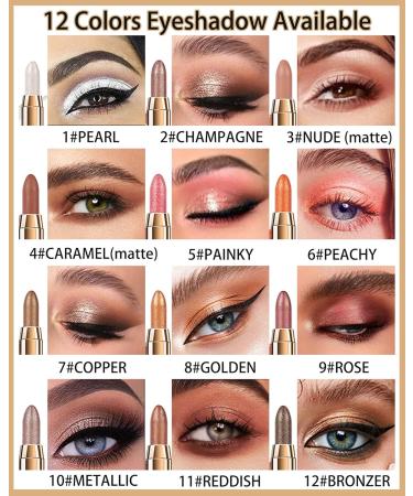 Cream Eyeshadow Stick-1Pcs Glitter Shimmer Bronzer Metallic Cream Eye shadow Stick with Soft Brush Rotatable Eye Brightener Pencil Crayon Long Lasting Waterproof for Smoky Metallic Eye Makeup-12# 12# Bronzer - Buy Online on GoSupps.com