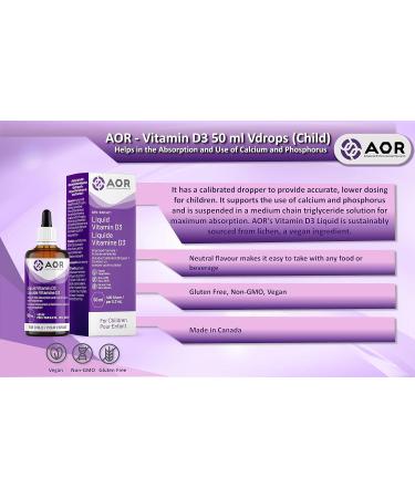 AOR Kids Vitamin D3 400 IU Drops 50 ml - Vegan Vitamin D3 Supplement - Organic Cholecalciferol with Calcium for Children - No Preservatives or Sugar - Gentle Support for Strong Bones & Immune Function - Buy Online on GoSupps.com