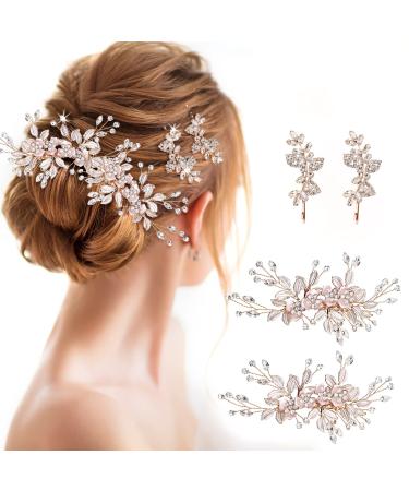 Taolema 4 Pieces Wedding Hair Clip Rhinestone Rose Gold Bridal Hair Accessories Handmade Crystal Hair Pins Elegant Flower Leaves Hair Barrette for Women Girls and Bridesmaids