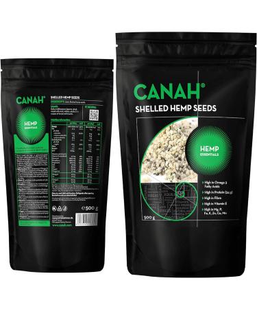 Canah Natural Hemp Seed Raw Shelled (Hulled) Hearts 500 g Vegan High in Protein Fiber Omega 3 & Omega 6 Amino Acids Vitamins and Minerals Certified Kosher + Free Bonus Recipes 500g - Buy Online on GoSupps.com