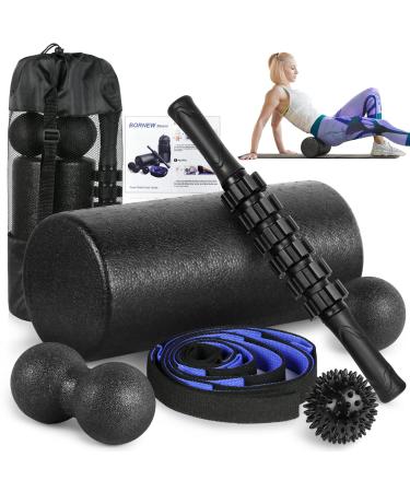 Foam Roller Set - High Density Back Roller, Muscle Roller Stick,2 Foot Fasciitis Ball, Stretching Strap, Peanut Massage Ball for Whole Body Physical Therapy & Exercise, Back Pain, Leg, Deep Tissue Medium