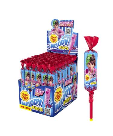 Chupa chups melody pops strawberry counter display with 48 fruity inheritance lollipops in flute form for music for parties and birthdays 48 x 15g