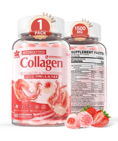 Collagen Peptide Gummies for Women & Men Sugar-Free Multi Collagen Hydrolyzed w/ 1500mg Protein Type I II III V X 5000mcg Biotin Methylated B12 Vitamin C A E D3 B6 for Skin Hair Nails Bone 60Cts 60 Count (Pack of 1)