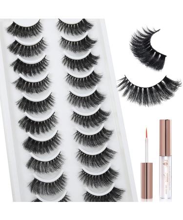 BEEOS Faux Mink Russian Strip Lashes 10 Pairs  Lash Glue Include  19mm Long D Curl Cat Eye False Eyelashes with Fluffy 3D Layered Natural Look  Medium Volume Reusable Fake eyeLashes with Flexible Cotton Band K24-19mm