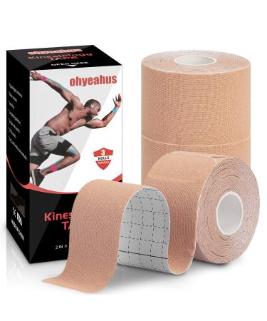 Kinesiology Tape Precut (3 Rolls) Pain Relief Adhesive for Muscles Shin Splints Ankle Neck Knee & Shoulder Promotes Recovery & Providing Support 2" x 19.7 Feet per Roll Total 72 Precut Strips Beige