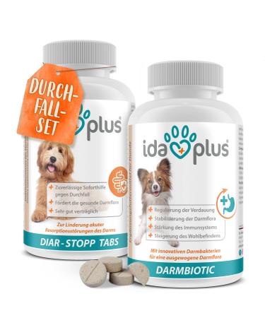 Ida plus diarrhea set - Diar Stop Tabs + Darmbiotic - chewing tablets against diarrhea for dogs and probiotics for intestinal rehabilitation - dog diarrhea and intestinal flora build -up in dogs - 2x 180 g