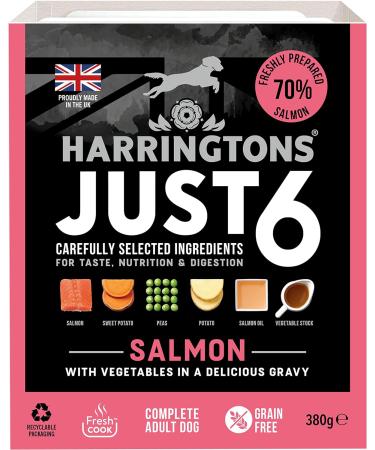Harringtons Just 6 Complete Grain Free Hypoallergenic Salmon & Veg Wet Adult Dog Food 380g (Pack of 8) - In A Tasty Gravy Salmon 380 g (Pack of 8) - Buy Online on GoSupps.com