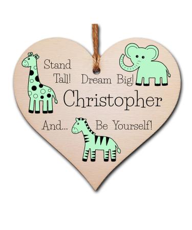 The Plum Penguin Personalised Handmade Wooden Hanging Heart Plaque Be Brave Dream Big Be Yourself new baby present parents green gender neutral safari animals nursery Green Safari Animals - Personalised