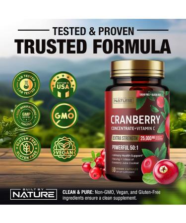 Built by Nature Cranberry Pills 25 000mg - Extra Strength 50:1 Concentrate Extract with Vitamin C - Urinary Tract Health Supplement for Women - Non-GMO Sugar Free Vegan - 60 Capsules - Buy Online on GoSupps.com