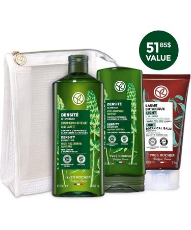 Yves Rocher Stronger and Denser Hair Care Set | For Thin-Looking & Weakened Hair | 4-piece Routine Set with Fortifying Shampoo 300ml Fortifying Conditioner 200ml Light Botanical Leave-in Balm 150ml & Free Pouch | For Thin-looking & Finer Hair with White L - Buy Online on GoSupps.com