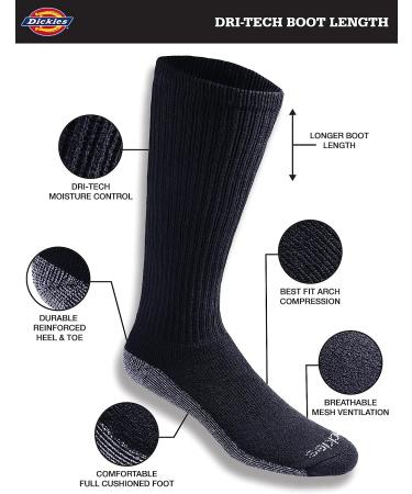 Dickies Men's 6-Pack Dri-Tech Moisture Control Boot-Length Socks, Size 6-12, Black - Buy Online on GoSupps.com