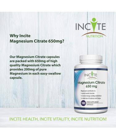 High Strength Magnesium Citrate 650mg | 180 Vegan Capsules | 6 Month Supply | Made in UK by Incite Nutrition - Buy Online on GoSupps.com