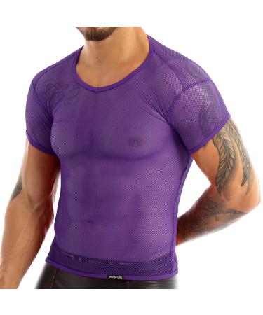 Nikiikoo Men's See Through Fishnet Mesh Short Sleeve T-Shirts Gym Training Workout Tank Tops Clubwear Purple X-Large