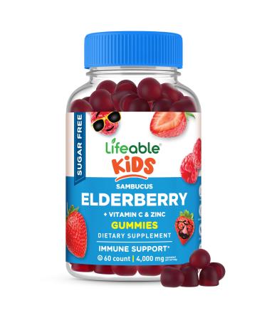 Lifeable Sugar Free Elderberry Gummies for Kids with Vitamin C and Zinc | Kids Immune Support Supplement | Great Tasting Elderberry Gummies | Vegan Non GMO Kosher Gluten Free | 60 Gummies