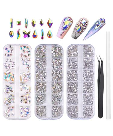 FITDON Nail Rhinestones Set, Multi-shapes Glass Crystal AB Rhinestones & Crystals AB Nail Art Rhinestones & Clear Nail diamond for Nail Decoration DIY Jewel Charms Accessories Supplies