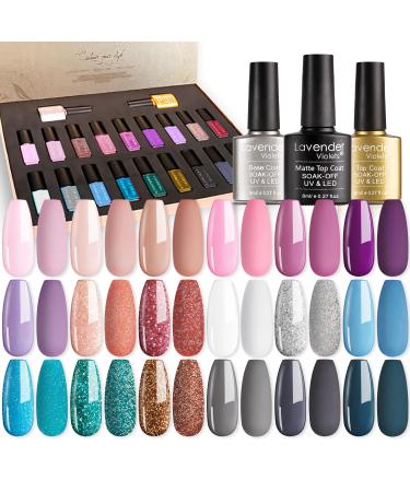 Lavender Violets 21 Pcs Gel Nail Polish Most Wanted Rose Gold Gift Set Soak Off UV LED Base Glossy n Matte Top Coat for Nail Art DIY Design F984B 21 x Most Wanted