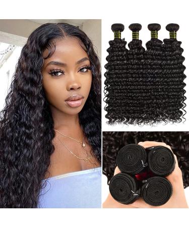 Brazilian Virgin Hair Deep Wave Bundles 100% Human Hair Unprocessed Human Hair Deep Curly Bundles Hair Extensions Natural Color(18 20 22 24) 18/20/22/24 Inch Black Deep Wave