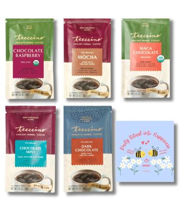 Teeccino Herbal Coffee Alternative Sampler Bundle (5-Pack 30g) - Chocolate Raspberry Mocha Maca Chocolate Mint Chocolate Dark Chocolate - Prebiotic Caffeine-Free & Prosperina Card