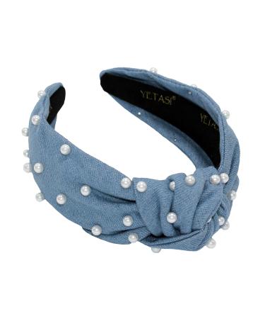 YETASI Blue Headband is Classy. Denim Pearl Knotted Headband for Women Goes with Everything.Comfy Top Knot Headbands For Women . Jean Headband for Women Fashion Gets Compliments.Cute Jean Light Blue Headband Light Blue D...