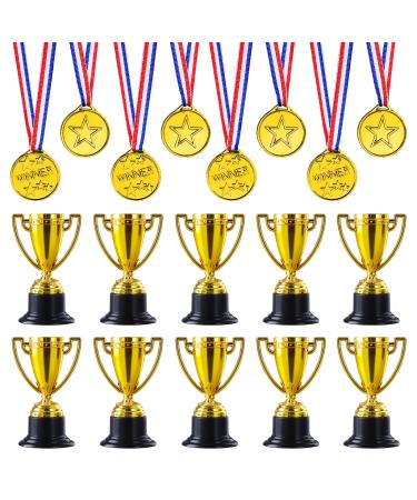 JIEJOYS 30 PCS Trophies And Medals Set,12Pcs Gold Plastic Trophy Cup And 18 PCS Winner Medals For Kids Sports Awards, Party Favors For Boys And Girls,Prizes, Events.