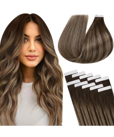 Laavoo tape in real hair Extensions brown balayage extensions real hair dark brown to caramel blonde skin weft tape in extensions hair extension 10PCs 25g #4/27/4 50cm-10pcs 2.9 #4/27/4