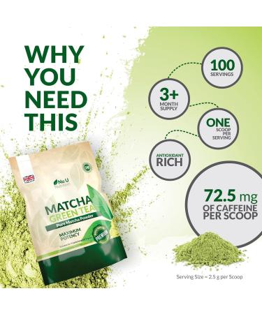 Matcha Green Tea Powder - 250g Double Size Pouch - 100 Servings - Vegan & Vegetarian - Culinary Grade - For Smoothies Drinks & Baking - Buy Online on GoSupps.com