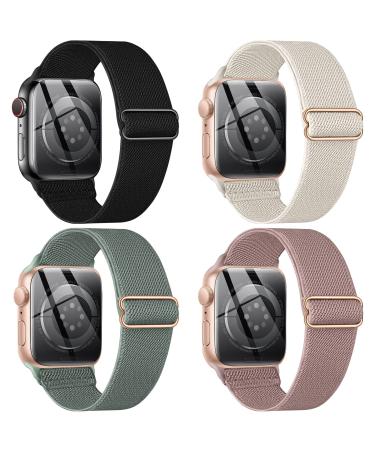 CTYBB 4 Pack Stretchy Nylon Solo Loop Bands Compatible with Apple Watch 40mm 38mm 44mm 49mm 45mm 42mm 41mm Adjustable Braided Elastic Sport Straps Womens Men Wristbands for iWatch Series 8 7 6 5 4 3 2 1 SE Ultra A-Black/Rose Pink/Starlight/Cactus 41mm/40m
