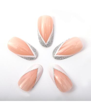 Novo Ovo Oval Almond Press-On Nails | Silver Glitter French Tip | Short/Medium Length Artificial Fingernails with Glue - Buy Online on GoSupps.com