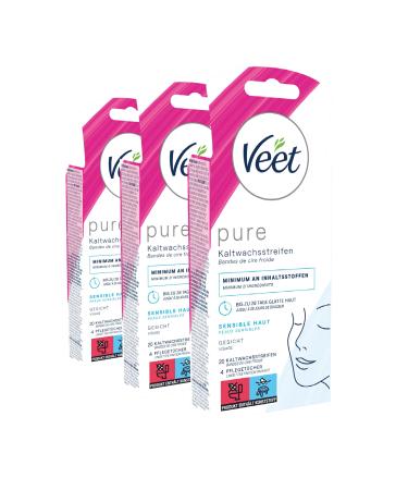 Veet PURE cold wax strips Suitable for sensitive skin For use on the face Up to 28 days of smooth skin 3 x 20 double strips