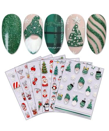JMEOWIO 6 Sheets 3D Embossed Christmas Glitter Nail Art Stickers Decals Self-Adhesive 5D Snowflake Winter Holiday Cute Santa Nail Supplies Nail Art Design Decoration Accessories