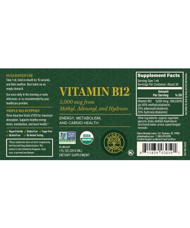 Global Healing Center VeganSafe B12 2500mcg Sublingual Liquid Drops | 2-in-1 Methylcobalamin & Adenosylcobalamin Blend for Energy, Mood, and Heart Health | 1 Fl Oz (2-Pack) - Buy Online on GoSupps.com