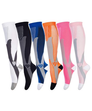 Compression Socks for Men & Women (6Pair) Non-Slip Long Tube Ideal for Running Nursing Circulation & Recovery Boost Stamina Hiking Travel & Flight Socks 20-30 mmHg L-XL Magic