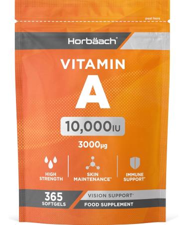 Vitamin A Capsules 10 000iu | 365 Count (1 Year Supply) | High Strength Vitamin A Supplement as Retinyl Palmitate | No Artificial Preservatives | by Horbaach