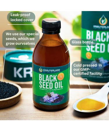 Kraeuterland Natural Black Seed Oil 8.4 fl oz - High Thymoquinone Cold Pressed Vegan & Gluten Free - No Leak Twist Lock - Buy Online on GoSupps.com