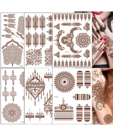 Brown Henna Temporary Tattoo Stickers  80+ Patterns Exquisite Lace Flower Mandala Flower Elephant Waterproof Fake Tattoo Wedding Party Festive Temporary Tattoos Decorations for Women Girls 6Pcs (Brown)