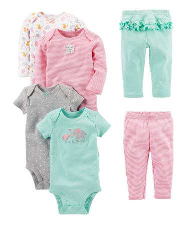 Simple Joys by Carter's Baby Girls' Pants Set 0 Months Aqua Green Elephant/Grey Dots/Pink Stripes/White Forest Animals