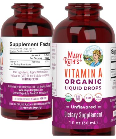 Mary Ruth's USDA Organic Vitamin A Liquid Drops - Immune & Eye Health Support - 3 Month Supply - 750mcg per Serving - 1 Oz - Buy Online on GoSupps.com