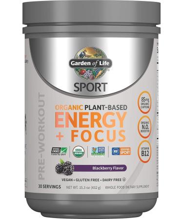 Garden of Life Sport Organic Plant Based Energy + Focus Clean Pre Workout Powder with 85mg Caffeine Natural No Booster B12 Vegan Gluten Free Non-GMO Blackberry 15.3 Oz Blackberry 30 Servings (Pack of 1)