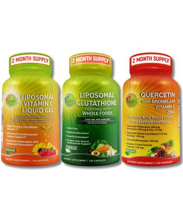 Liposomal Vitamin C 1100mg Liquid Gel Capsules - Bundle up with - Liposomal Glutathione 500mg Supplement Master Antioxidant & Detoxifier & Quercetin with Bromelain Vitamin C and Zinc