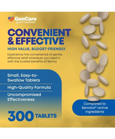 GenCare Senna Laxative 300 Tablets Senna 8.6mg Tablets with Natural Sennosides | Laxatives for Constipation Bloating Gas & Irregularity Relief. Safe & Effective | Generic for Senokot 300 Count (Pack of 1) - Buy Online on GoSupps.com