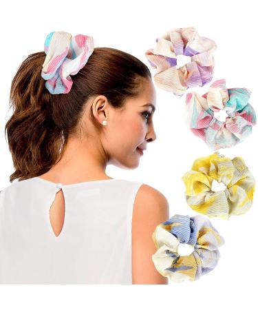 BETITETO Flower Chiffon Jumbo Scrunchies for Curly Hair Bobbles Elastic Ties Large Ponytail Holder for Women Girls Pack of 4 (Abstract Pattern)