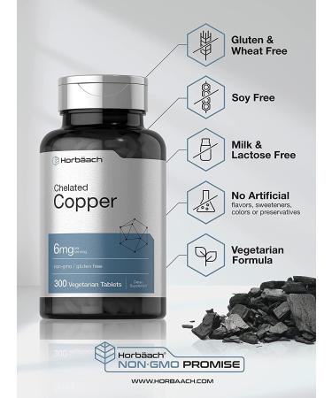 Chelated Copper 6mg Supplement | 300 Vegetarian Tablets | Non-GMO & Gluten-Free | Horbaach - Buy Online on GoSupps.com