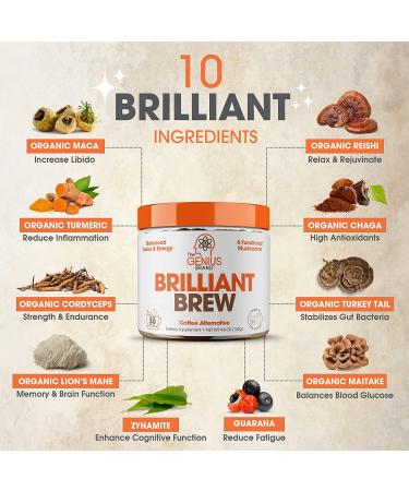 Genius Brilliant Brew: Nootropic Mushroom Coffee Alternative for Natural Energy - No Jitters, No Crash, Sugar-Free, Non-GMO - Buy Online on GoSupps.com