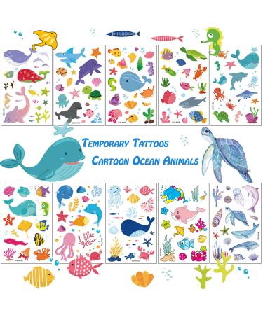 TopFunny Temporary Tattoos for Kids  160Pcs Cartoon Ocean Animals Fish Tattoos (10 Sheets) Waterproof Cute Fake Tattoo Body Stickers Children Birthday Party Decoration Supplies Gifts Favors Girls Boys