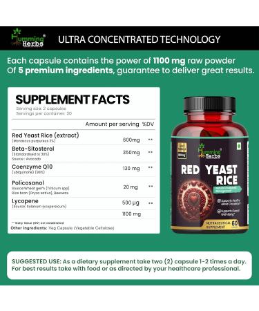 Humming Herbs Red Yeast Rice 1100mg with CoQ10 Policosanol Beta Sitosterol & Lycopene Formula 60 Capsules - Buy Online on GoSupps.com