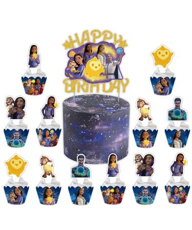 Wish Birthday Sparkling Cake Topper& Cupcake Topper Party Cake Decoration Picks (1pcs Cake/24pcs Cupcake Topper)