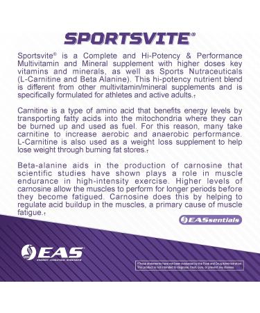 EAS SportsVite High Potency Multivitamin for Athletes | Vitamin & Mineral Nutrient Blend | 2300mg Beta Alanine, 2000mg Carnitine Tartrate | 180 Tablets - Buy Online on GoSupps.com