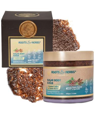 Sugar Body Scrub - Tonka Bean & Crushed Coffee Scrub with Ayurvedic Herbs Cane Sugar Poppy Seed Argan Oil Almond Oil - Coffee Exfoliating Body Scrub for Men & Women - Roots & Herbs 3.52oz